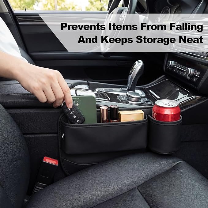 BBTO 2 Pack Car Seat Gap Filler Organizer with Cup Holder, Universal Fit Premium Leather Car Seat Gap Filler Organizer with Card Slots for SUV Truck, Drop-Proof Essentials, Durable and Washable
