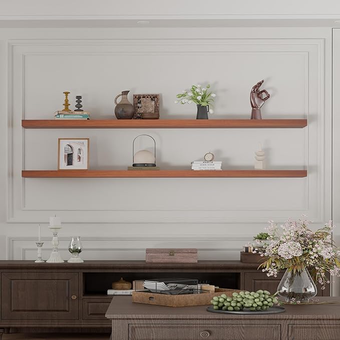 IEO Long Wooden Floating Shelves for Room Wall, Natural Wood Floating Shelves Wall Mounted Kitchen Shelf for Living Room, Bed
