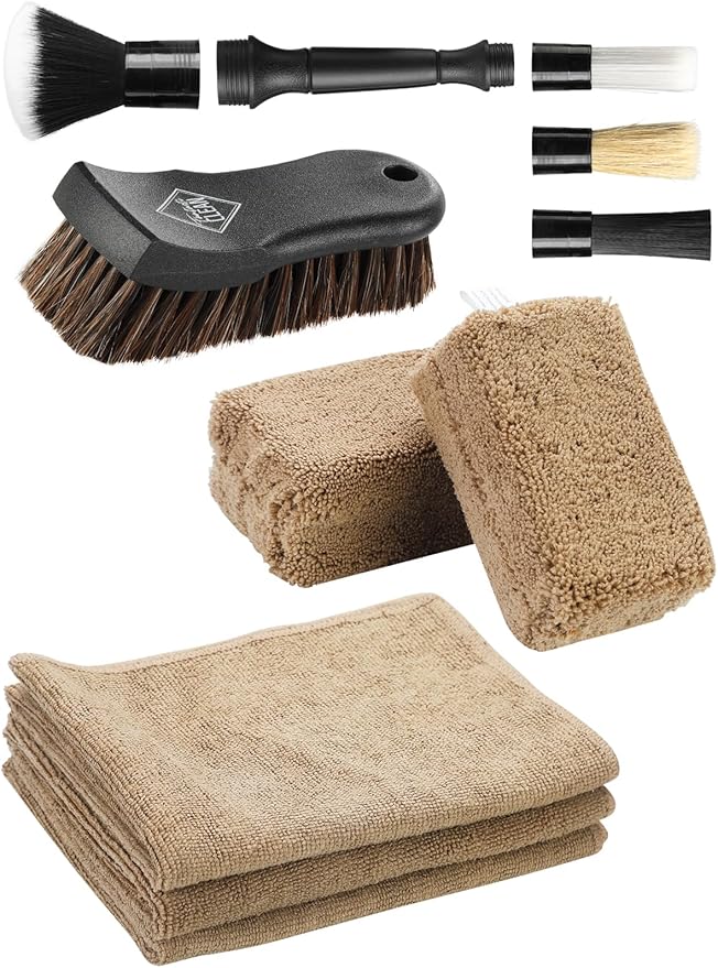 Fantasticlean 9PCS Car Interior Detailing Set, Microfiber Cloth & Applicator, Double-Head Detailing Brushes, Natural Bristles