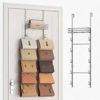 SWTYMIKI Over The Door Purse Organizer - Wall Mounted Handbag Organizer with 10 Hooks and Metal Basket, Hanging Purse Storage