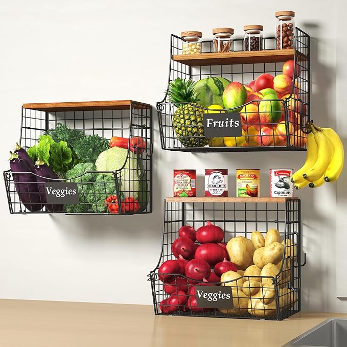 3 Pack wire Fruit Basket for Kitchen with Wood Lid - Counter&Wall Mounted Onion and Potato Storage with Nameplate, Hanging Ba