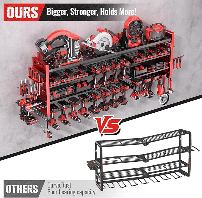 49.8" W Super Large Power Tool Organizer Wall Mount,4-Layer Heavy Duty Tool Storage with 18 Cordless Drill Holder,600 lb Capa