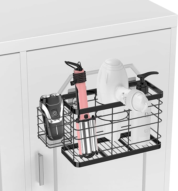 Hair Tool Organizer - Black Steel Wall Mounted Hair Dryer Holder with Removable Basket, 10.62"L x 4.33"W x 6.69"H, Ideal for 