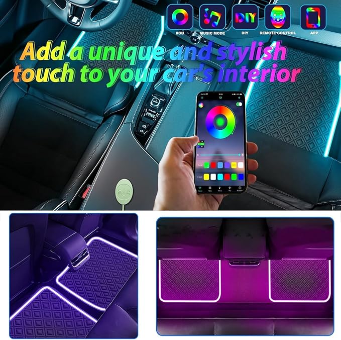 Car Floor Mats with Led Strip Light, Universal Fit Black Automotive Carpet, Interior Car Lights Floor Mats, App Control Faux Leather Anti-Slip Waterproof Neon Car Decor Accessories for SUV,Sedan Etc.