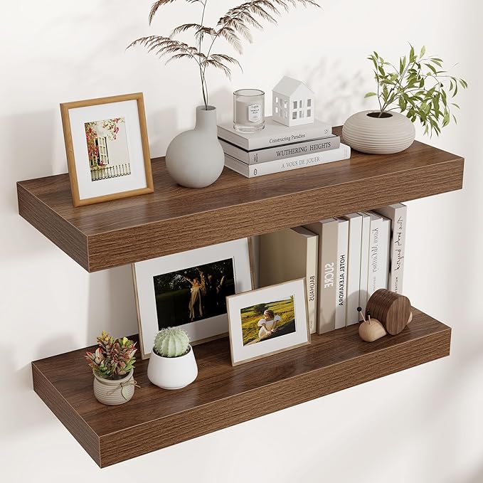Floating Shelves for Wall, 30" W x 12" D x 2" H, 2 Pack of Long Wall Mounted Engineered Wood Shelves with Invisible Brackets 
