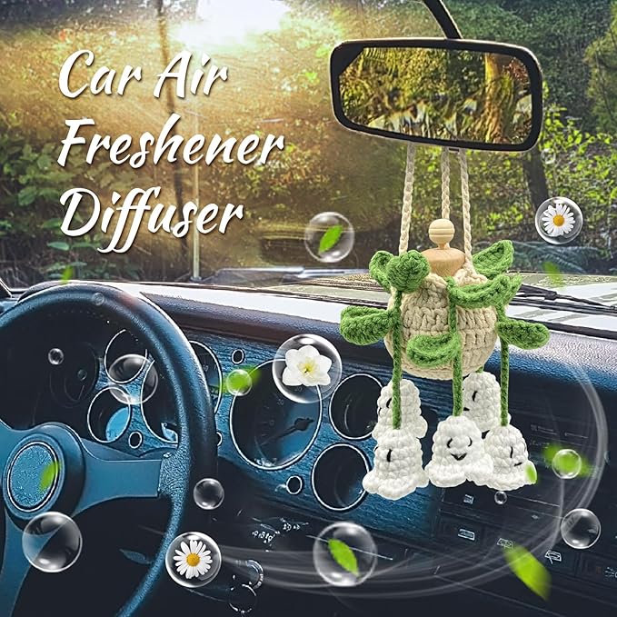 Crochet Glowing Ghost Car Air Freshener, Halloween Car Decor, 15ml Refillable Oil Diffuser Bottle with Hanging Crochet Decor 