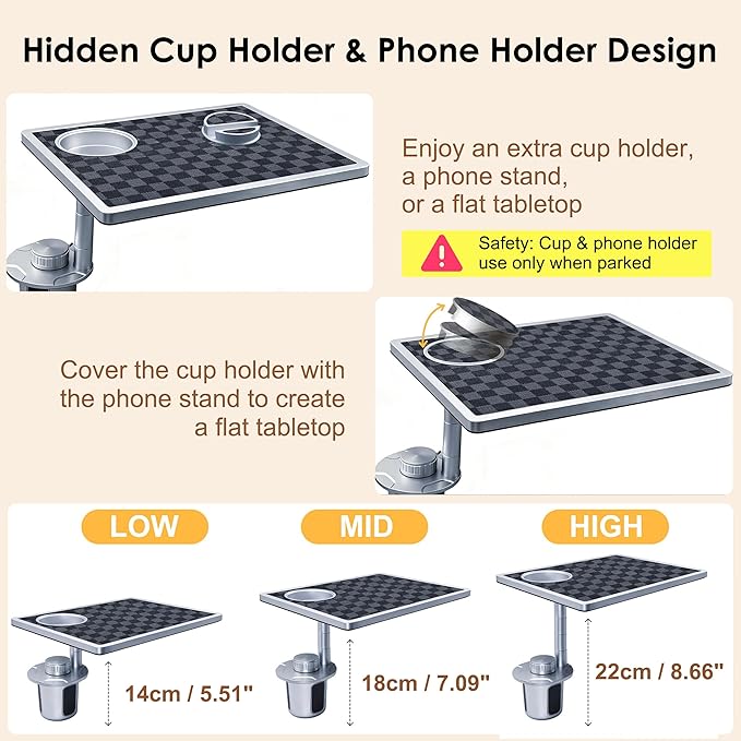 Car Food Tray & Car Table Tray with Car-Grade Aluminum Cup Holder & Phone Stand, Premium Wood with Leather Surface, 360° Rotating Car Desk for Laptop &Eating (Square, Black&Grey)