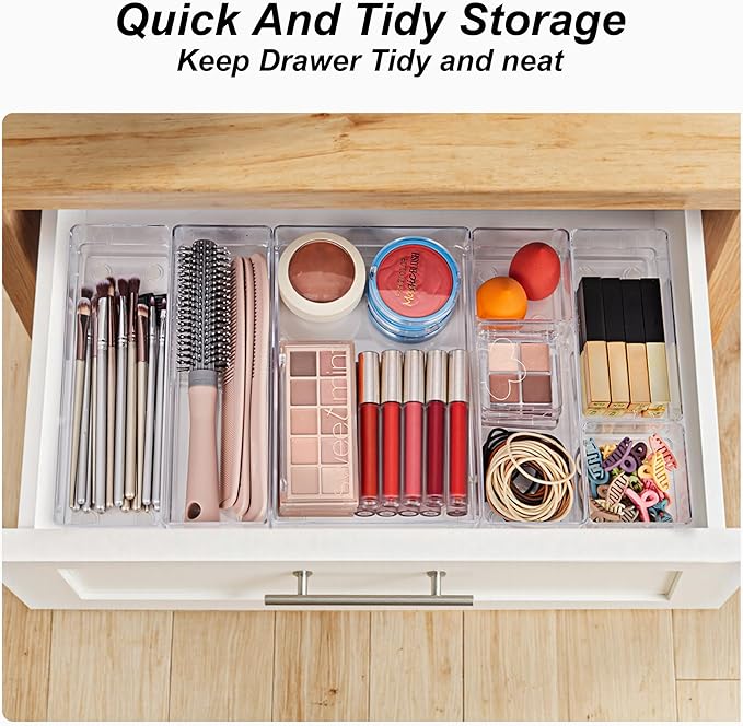 SMARTAKE 25-Piece Drawer Organizer with Non-Slip Silicone Pads, 4-Size Desk Drawer Organizer Trays Storage Tray for Makeup, J