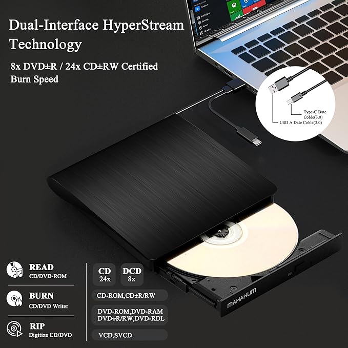 External CD/DVD +/-RW Drive for Laptop, USB 3.0 & USB-C Portable CD DVD Writer Burner Reader, Ultra-Slim External DVD Drive Compatible with PC, MacBook Pro/Air, Windows 11/10/8/7, Linux(Black)