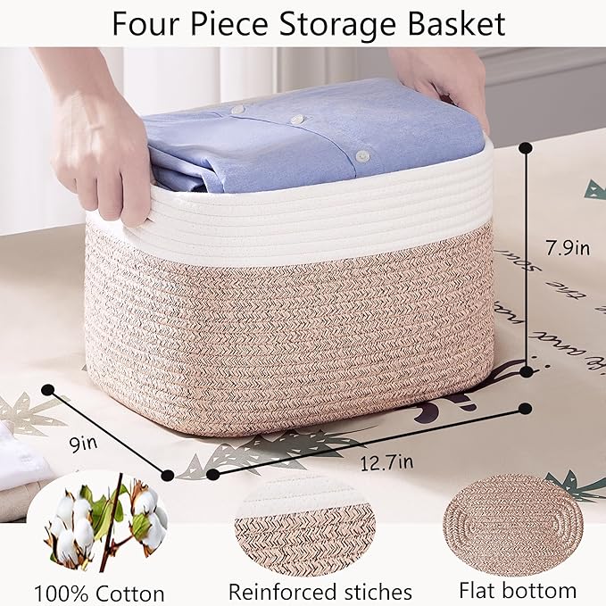 Storage Baskets for Shelves Set of 4 Woven Baskets for Closet Rectangle Toy Bin for Baby Nursery 12.7"Lx9"Wx7.9"H Brown & Whi