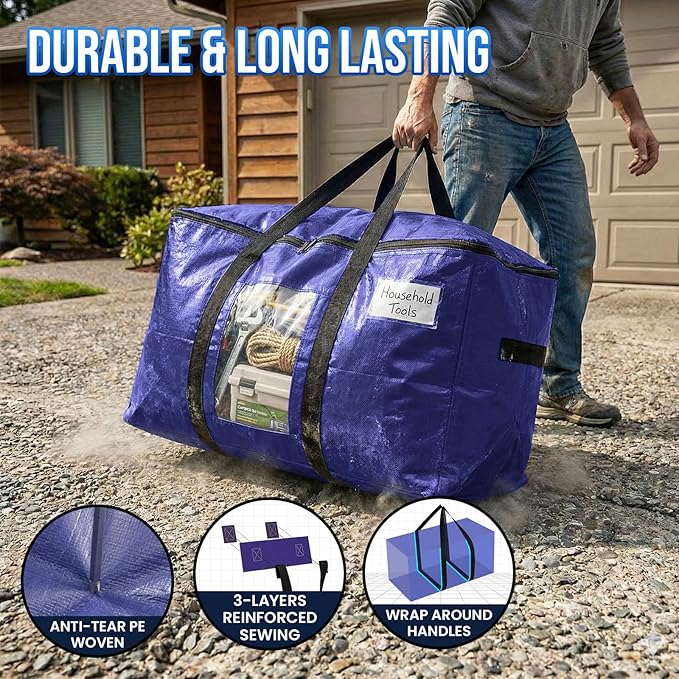 TAILI 10 Pack Dark Blue Extra Large Moving Bags, Heavy Duty Totes with Visible Window, Wrap Around Handles, Great for Space-S