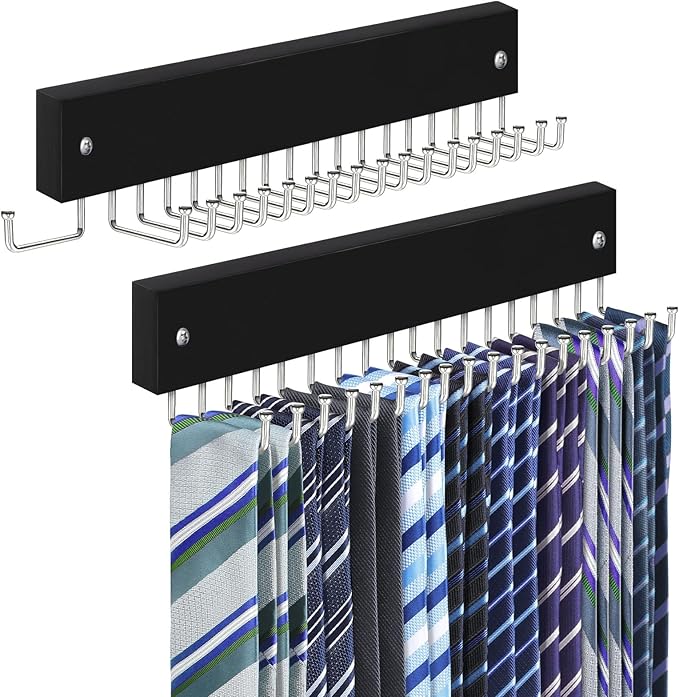 Tie Rack Belt Hanger Wall Mounted, Lomrsiul Non Slip 180 Degree Rotating Tie Organizer for Men Closet with 18 Hooks Closet Or