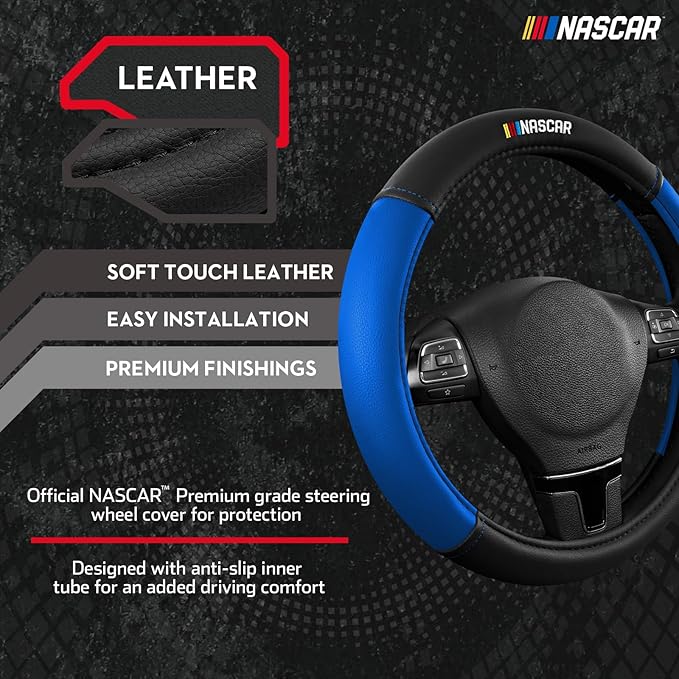 NASCAR Steering Wheel Cover, Two-Tone Blue Leather Patchwork, Universal Fit 14.5"-15.5" Steering Covers for Cars, Anti-Slip, 