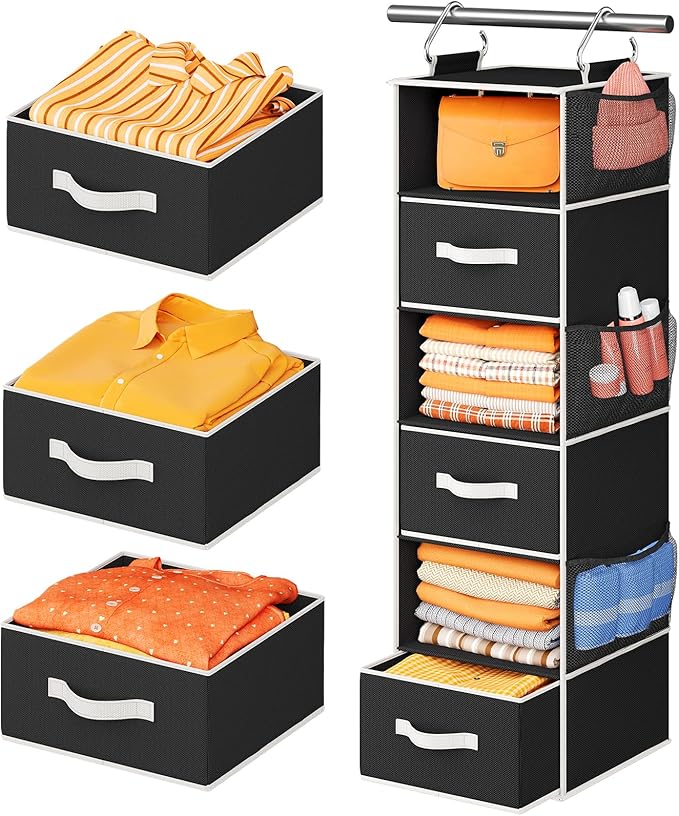 Pipishell Hanging Closet Organizer 6-Shelf, Hanging Shelves for Closet with 3 Removable Drawers & Side Pockets for Bedroom, G
