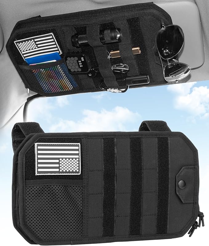 DEEPLITE Car Sun Visor Organizer with Double Zipper Multi-Pockets & Glasses Clip, Semi-Rigid Molle Panel with Patch for Driving Essentials - Heavy Duty Straps Fits Trucks, SUV, Vehicles