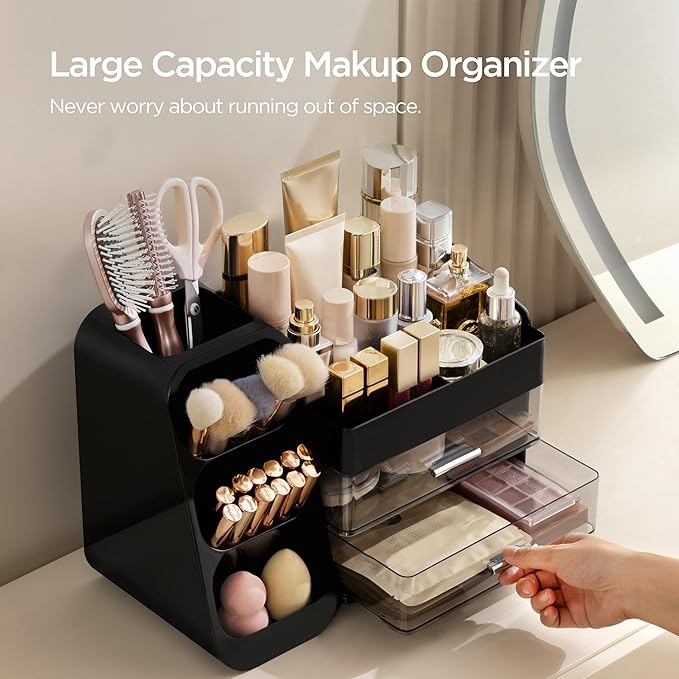 HBlife Makeup Organizer with Brush Holder for Vanity, Large Plastic Bathroom Countertop Organizer Cologne Organizer for Men, 