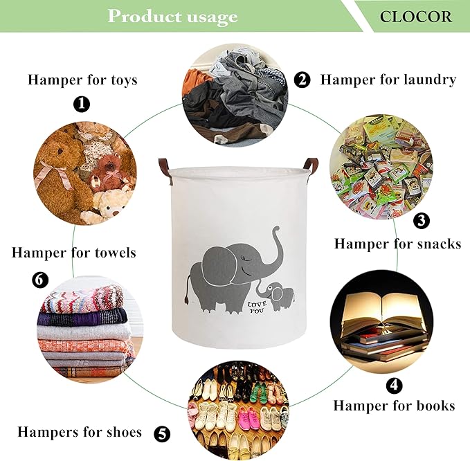 CLOCOR Collapsible Round Storage Bin/Large Storage Basket/Clothes Laundry Hamper/Toy Storage Bin (Love Elephant)