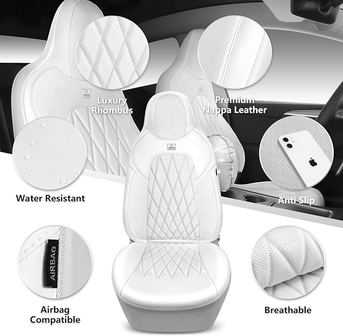 CAR PASS Nappa Leather High Back Front Seat Covers, Tesla Model 3 Model Y Breathable Faux Leather Front Bucket Seat Covers, A