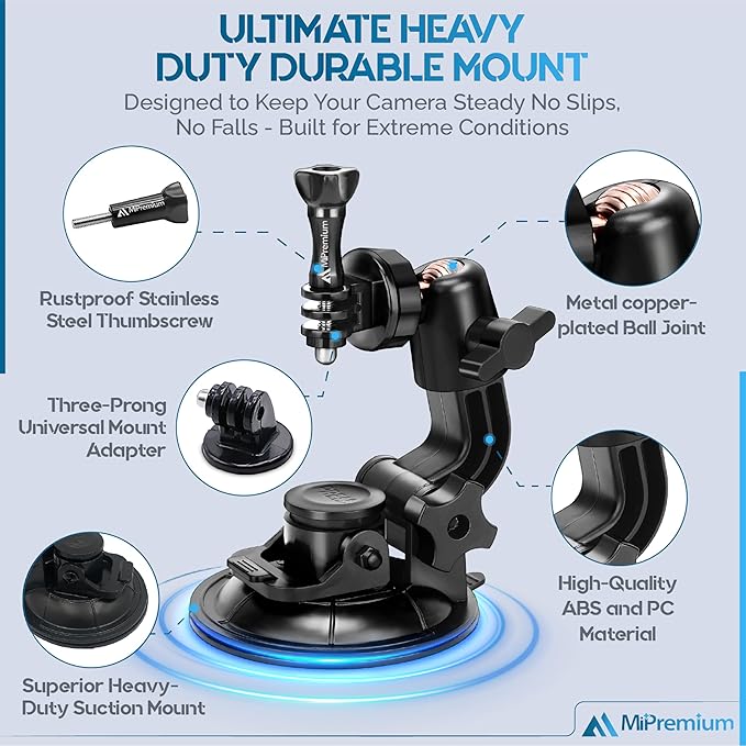 MiPremium Car Suction Cup Mount for GoPro Hero 13 12 11 10 9 8 7 6 5 4 3 3+ 2 Session Black Silver XIAOYI 4K SJCAM Yi Sports Action Camera Dash Cam holder perfect for Boats Vehicle Windshield & Window