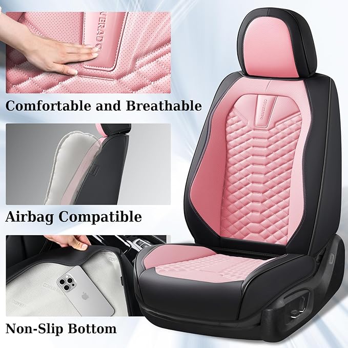 Coverado Seat Covers Full Set, Waterproof Nappa Leather Seat Covers for Cars, 5 Seats Universal Car Seat Protectors, Black an