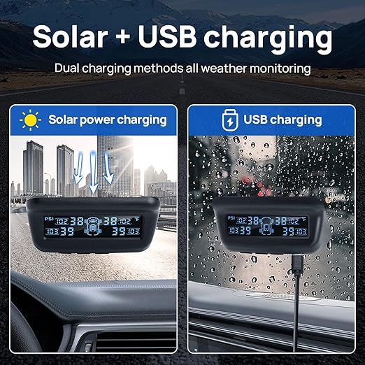 Tire Pressure Monitoring System, RV/Trailler TPMS with Solar Charging & Auto Calibration, M13 LCD Display tpms 4 sensors (0-87PSI)