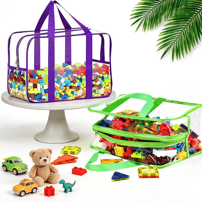 6 Color XXL Toy Storage Bags 16.5×11.8×6.8In with Labels, Large Capacity Reusable Clear PVC Storage Bags, Travel Waterproof O
