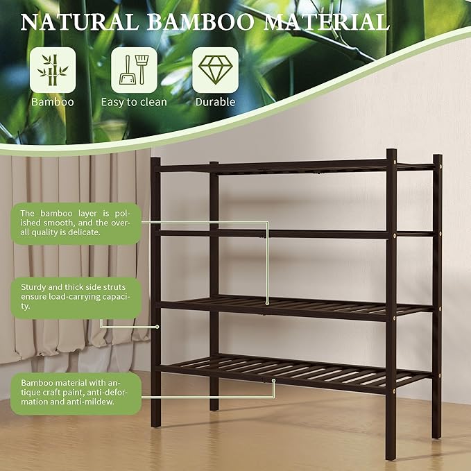 ROMGUAR CRAFT 4 Tier Bamboo Shoe Rack for Closet Free Standing Wood Shoe Shelf for Entryway Small Space Stackable 27"x11"x26"