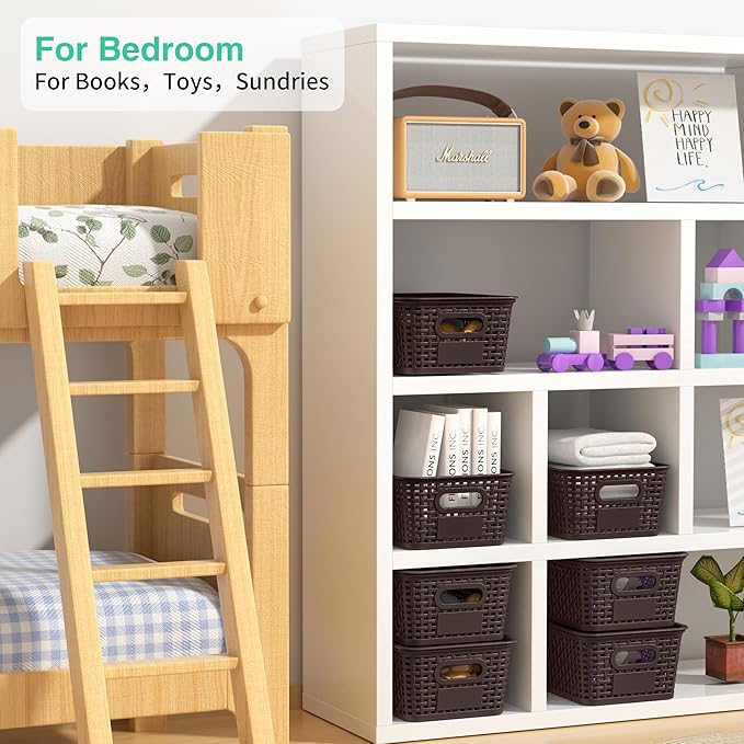 8-Pack Brown Plastic Storage Baskets with Lids, Label Organizers, Stackable Organizer Containers: For Organizing Shelves, Dra