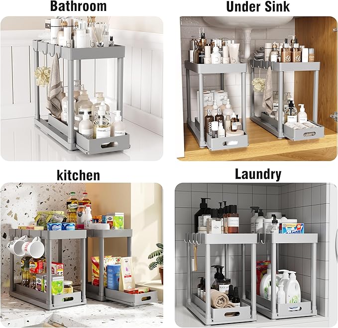 2 Pack Pull-Out Storage Organizers, Under Sink Organizer and Storage for Bathroom & Kitchen,Multi-Purpose Under Cabinet Organ