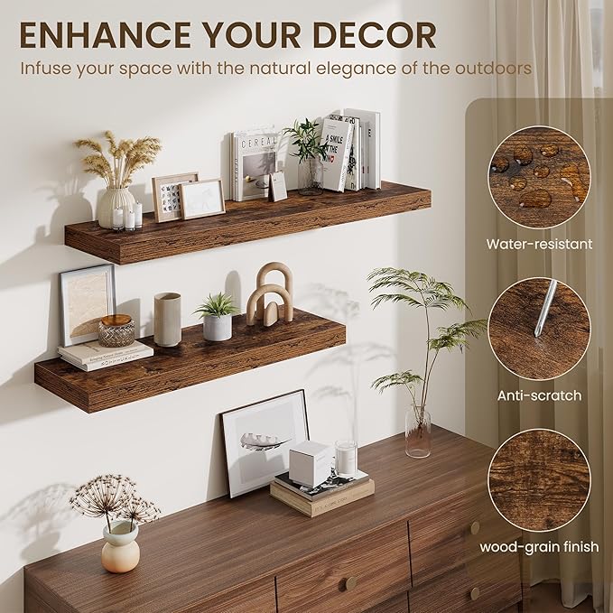 Fun Memories 24 Inch Floating Shelves Wall-Mounted, 12 Inch Deep Wall Shelves, 24 x 12 Floating Shelf, Deep Storage Shelf for