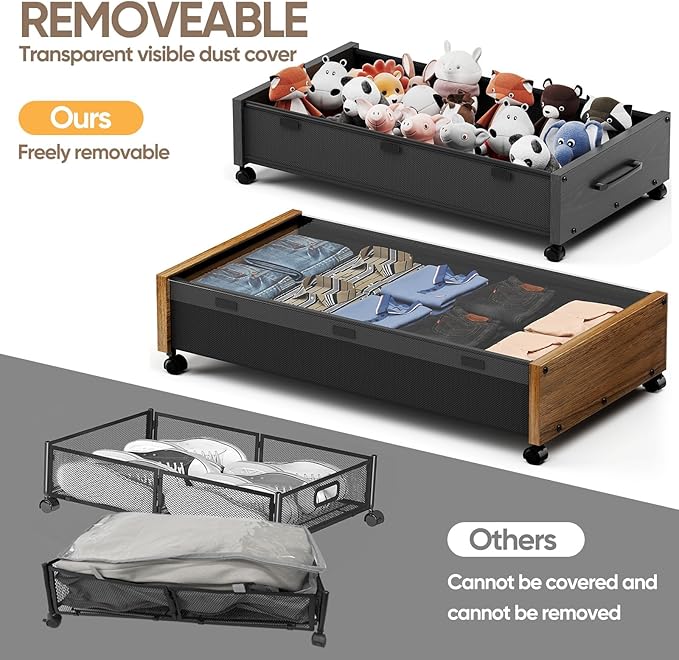 Under Bed Storage Containers with Wheels, Extra Large Wooden Underbed Shoes Organizer 2 Packs, Rolling Under the Bed Storage 