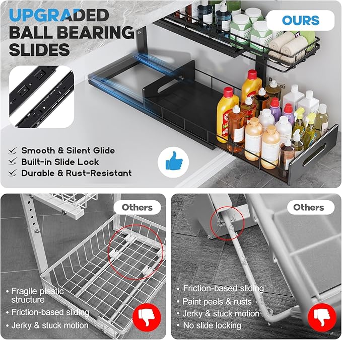 Under Sink Organizer Upgrade To Professional Rails,2-Tier Dual Pull Out Cabinet Storage,Height Adjustable Slide Out Drawers F