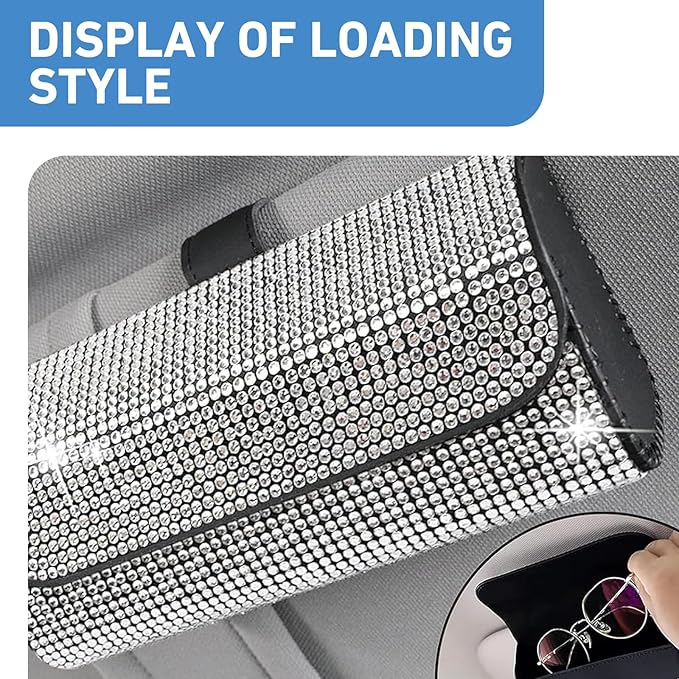 WZP Bling Sunglasses Holder for Car Sun Visor, Rhinestone Leather Eyeglasses Car Visor Clip Storage Glasses Organizer Case, Universal Vehicle Glasses Protective Storage Box for SUV Sedan Van (White)