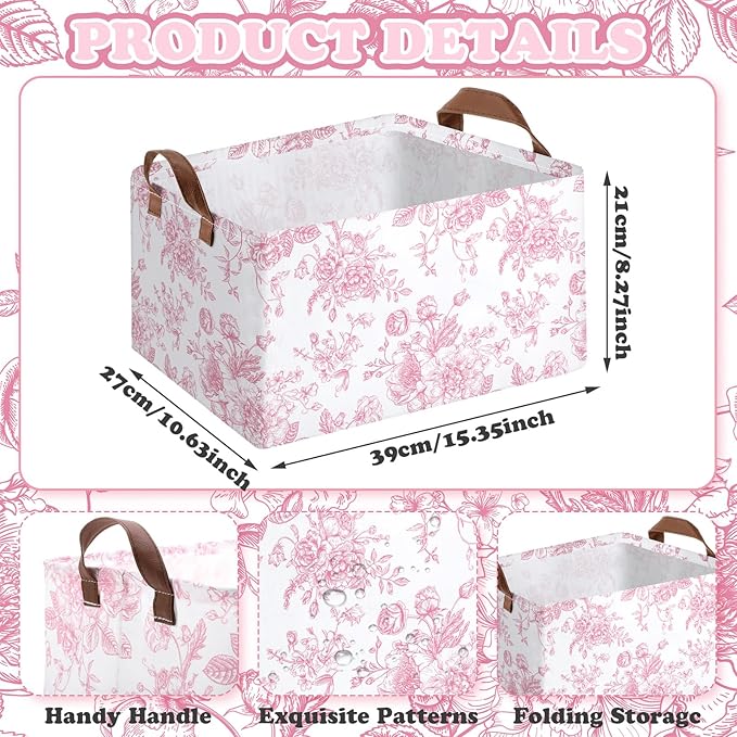 Boao 3 Pcs Pink Floral Foldable Storage Baskets Pink Hydrangea Laundry Basket with Handles Waterproof Storage Bins Fabric She