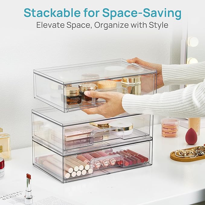 Vtopmart 12.1''W Clear Stackable Storage Drawers,4 Pack Acrylic Plastic Organizers Bins for Makeup Palettes, Cosmetics, and B