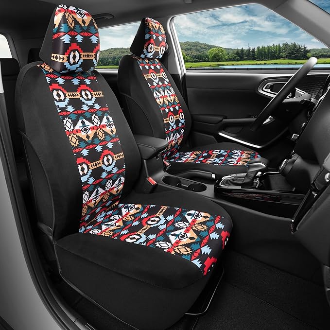 BDK Aztec Pattern Car Seat Covers for Front Seats, 2-Pack Geometric Print Front Seat Cover Set with Matching Headrest, Sidele