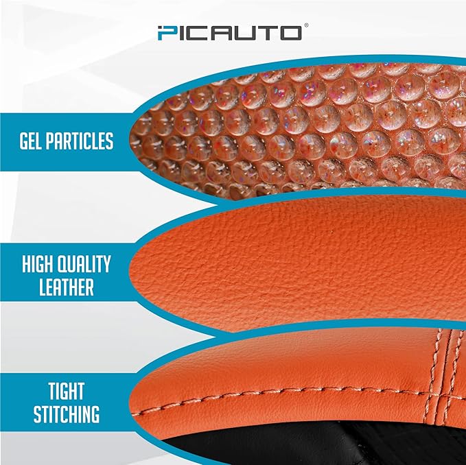 PIC AUTO Steering Wheel Cover, Glitter Gel Particles & Orange Luxury Leather Car Steering Cover, Universal Fit 14.5"-15.5" An