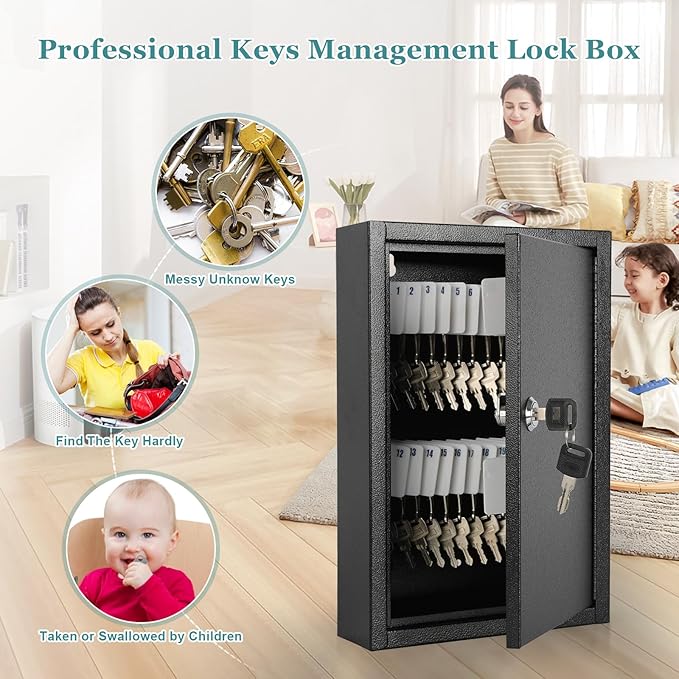 KYODOLED Key Storage Lock Box Wall Mount, Locking 40 Key Cabinet Holder Box with Key Lock, Hooks & Labels for Home, Office, C