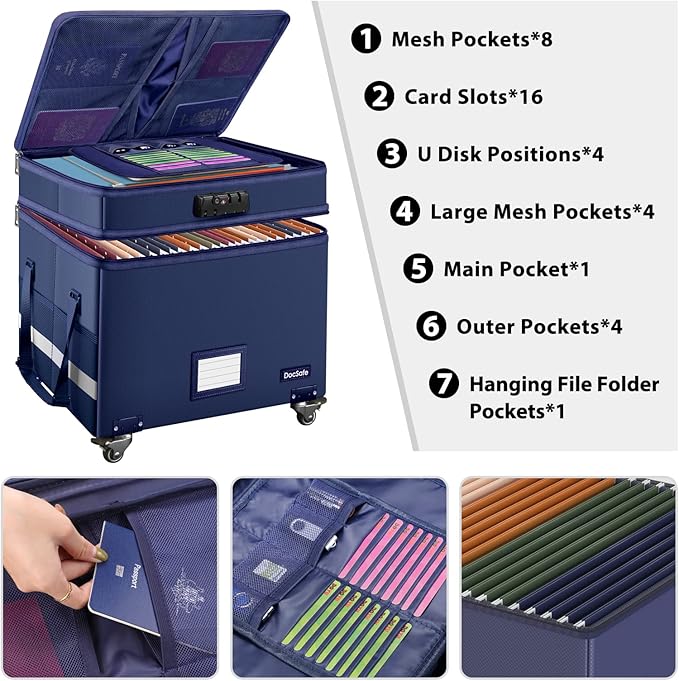 DocSafe File Box with Lock, 2-Layer Fireproof Document Box with Wheels,Collapsible File Storage Organizer with Pockets,Large 