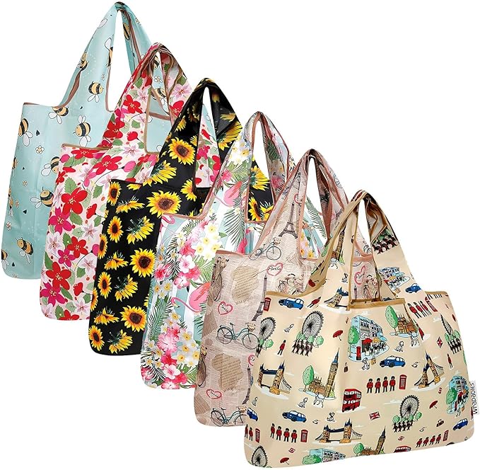 allydrew Large Foldable Tote Nylon Reusable Grocery Bags, 6 Pack
