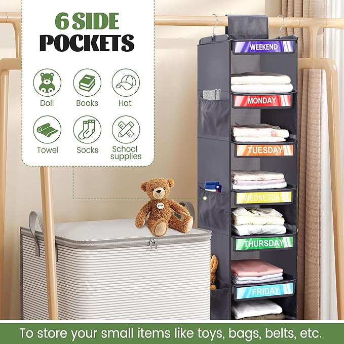 2 Pack 6-Shelf Weekly Clothes Organizer for Kids, Hanging Daily Closet Organization with 6 Side Pockets, Days of The Week Clo