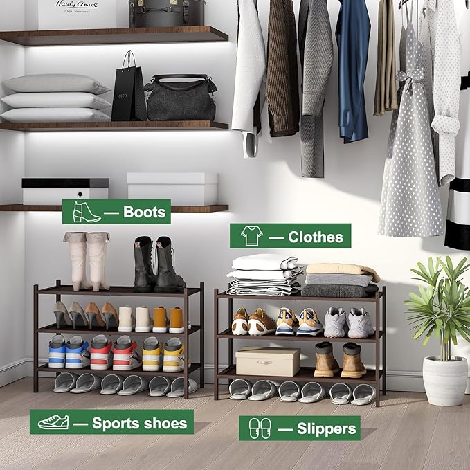 kiplant Bamboo Shoe Rack for Entryway, 3-Tier Stackable | Foldable | Natural, Shoe Organizer for Hallway Closet, Free Standin