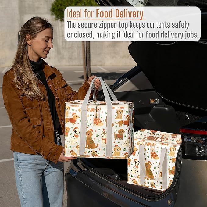 VENO 2 Pack Cooler Bag, Insulated Grocery Bags for Food Delivery, Collapsible Cooler, Reusable Shopping Bags for Groceries, Hard Bottom, Water Resistant, Zippered, Foldable (Holiday Pups, 2 Pack)