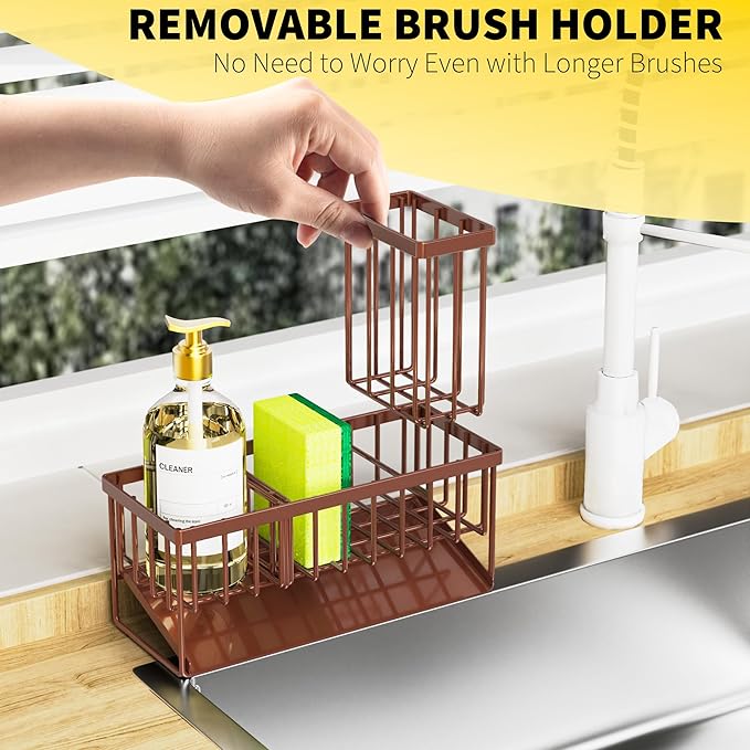 Cisily Kitchen Sink Caddy, Sponge Holder for Kitchen Sink, Kitchen Sink Organzier and Storage with High Brush Holder, Rustpro