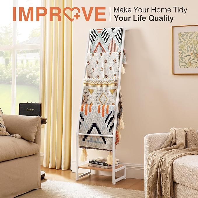DGWJSU Blanket Ladder, 5 Tier Ladder Shelf,Wooden Blanket Ladders for Living Room and Bedroom, 5.2ft Blanket Holder Rack Farm
