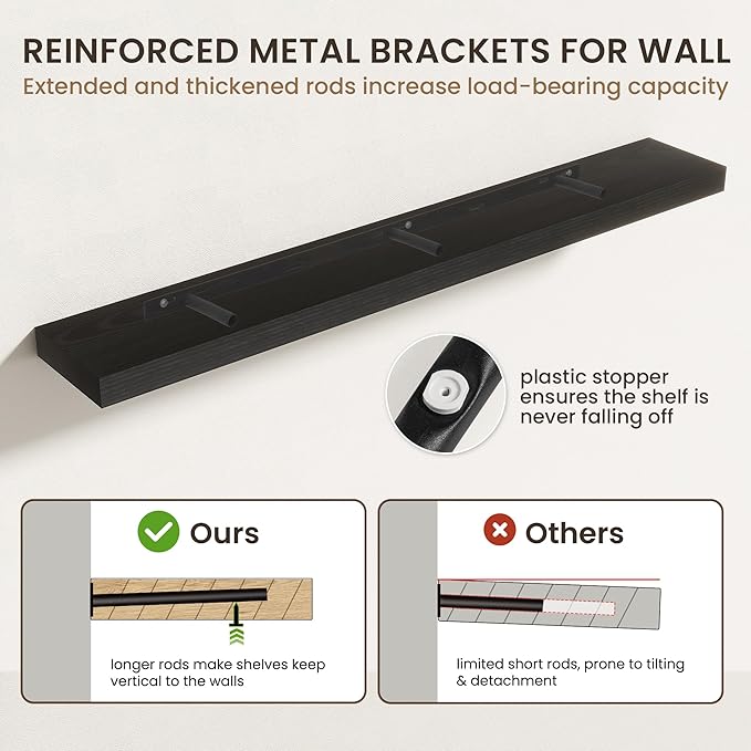 55 Inch Floating Shelves | 6.5 Inch Deep Black Floating Shelves Set of 2 | 55" W x 6.5" D Rustic Black Wood Wall Shelves with
