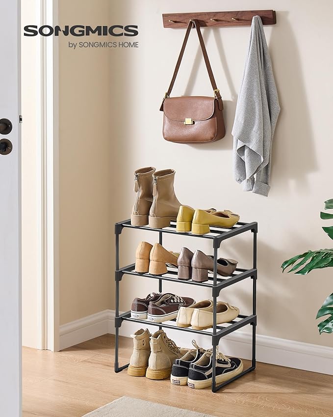 SONGMICS Shoe Rack, 3-Tier Shoe Organizer, Metal Storage Shelf, Upright or Upside Down, for 4-8 Pairs, Stackable, for Entrywa