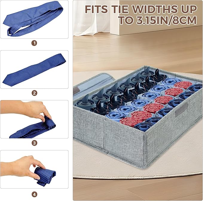 PINGMIC Gray Sock Organizer Divider 1 Pack with Lid - 30 Cell Foldable Closet Storage, Tie Organizer For Men Boxes for Socks,