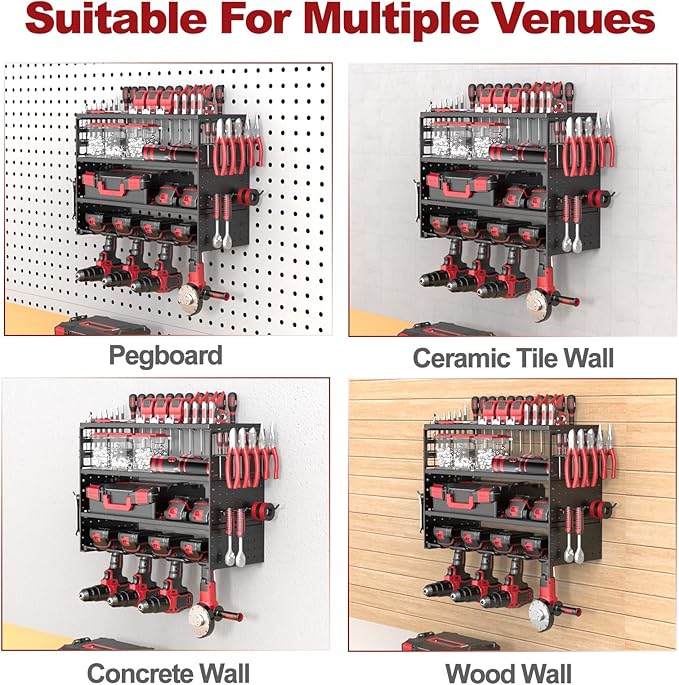 Power Tool Organizer Wall Mount - 4 Layer Metal Power Tool Storage Rack, Cordless Drill Holder with 4 Hooks, Utility Storage 