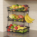 Giwil 3 Tier Countertop Fruit Basket for Kitchen, Vegetable Storage Bread Fruit Bowl Stand with 2 Banana Hooks, Wall Mounted 